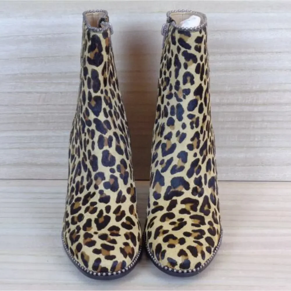 Coach Drea Beadchain Heeled Lepoard Printed‎ Haircalf Bootie Side Zip Womens 6